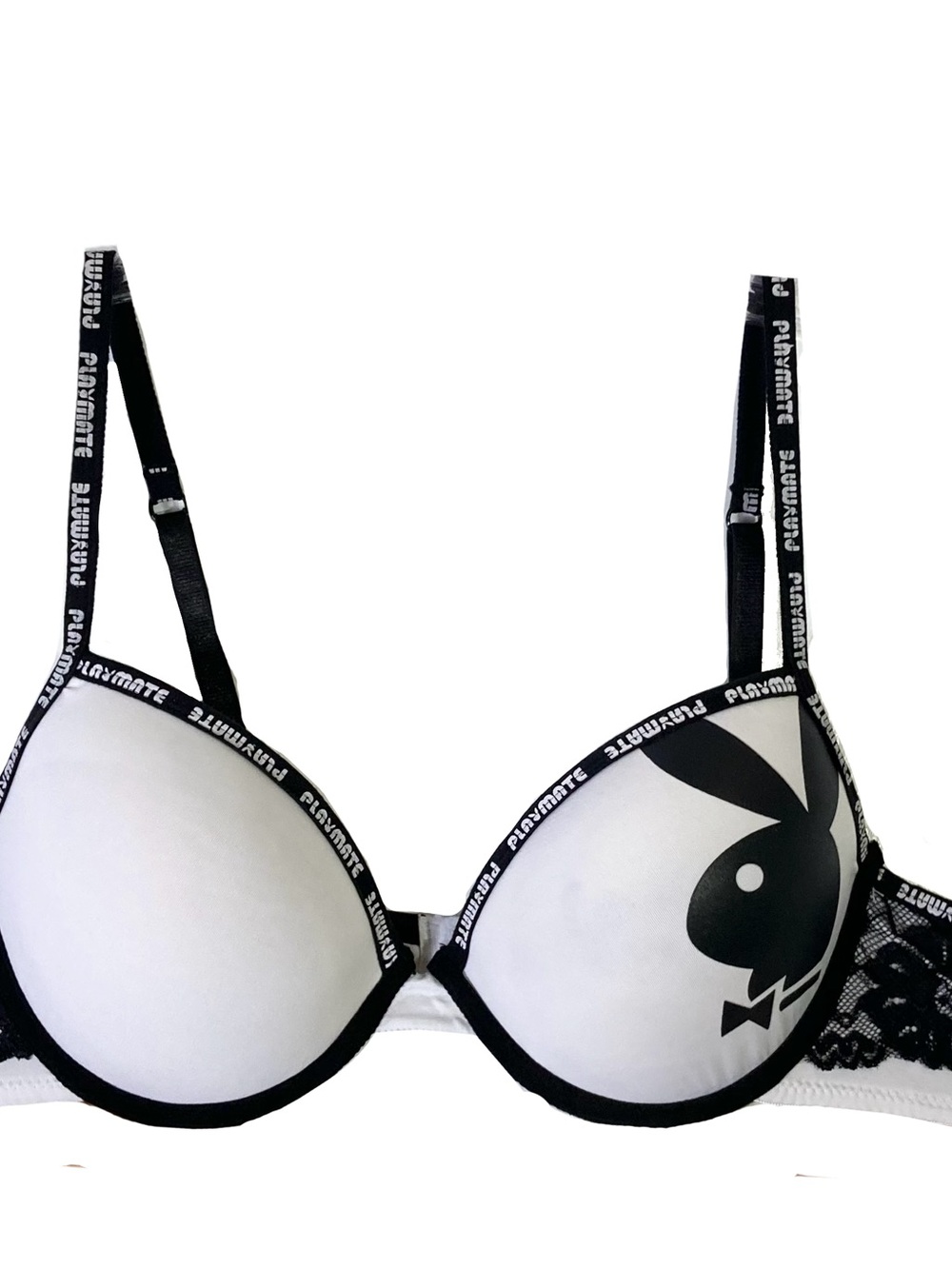 PLAYBOY INTIMATES Push Up Bra 36C Black-White Logo-Written Straps